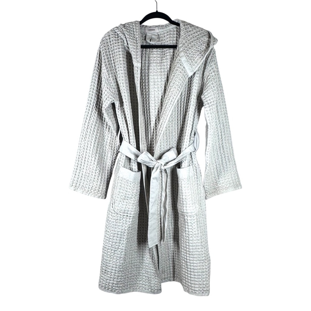 Onsen Hooded Waffle Bath Robe Oatmeal Tan Unisex 100% Supima Cotton Size Small